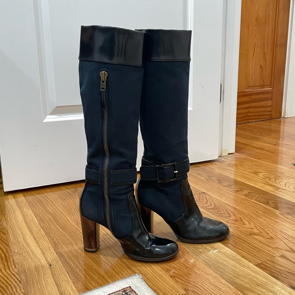 Stella McCartney Black Canvas Vegan Leather Zip Side Buckle Heeled Boots Size 37